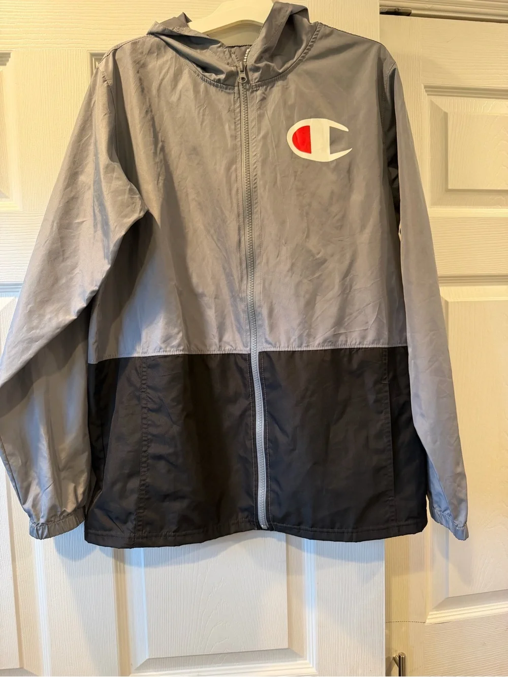 Champion Two-Tone Hooded Windbreaker Jacket - Gray & Black with Red Logo
